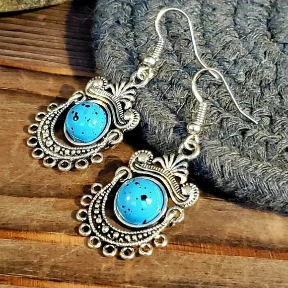 Antique Silver Art Nouveau Faux Turquoise Stone Dangle Earrings - Picture 4 of 6